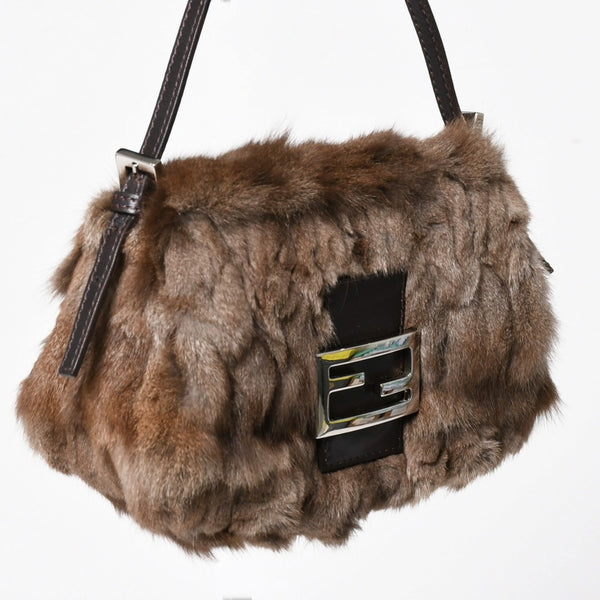 極美品 FENDI フェンディ マンマバケット ハンドバッグ 8BR180 ファー レザー ブラウン ヴィンテージ シルバー金具 中古 4a005277