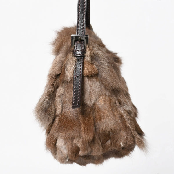 極美品 FENDI フェンディ マンマバケット ハンドバッグ 8BR180 ファー レザー ブラウン ヴィンテージ シルバー金具 中古 4a005277
