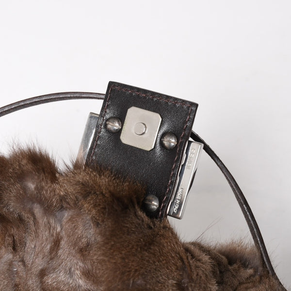 極美品 FENDI フェンディ マンマバケット ハンドバッグ 8BR180 ファー レザー ブラウン ヴィンテージ シルバー金具 中古 4a005277