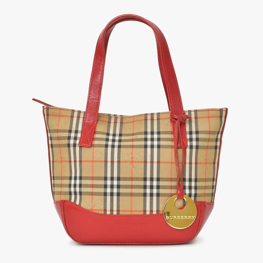 BURBERRY バーバリー ハンドバッグ ノバチェック キャンバス レザー レッド マルチカラー ゴールド金具 美品 中古 4a004895
