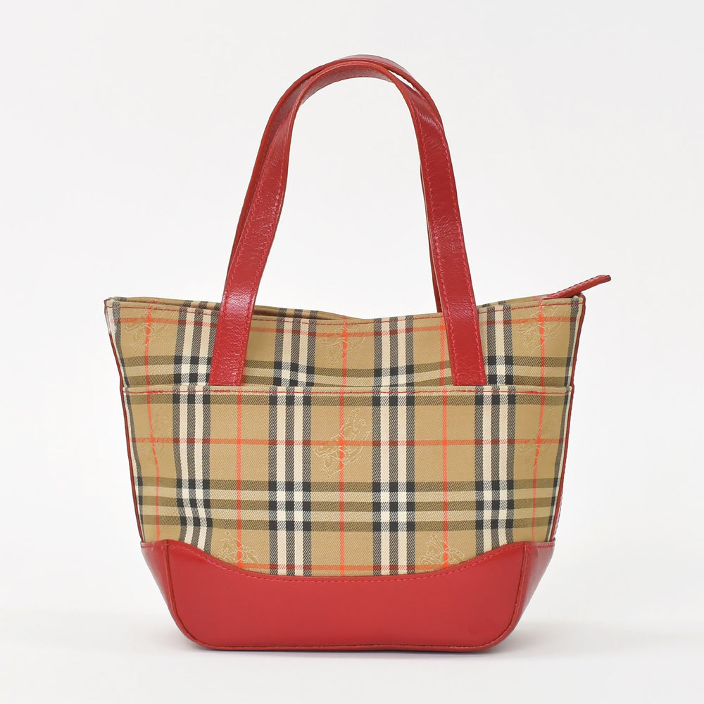 BURBERRY バーバリー ハンドバッグ ノバチェック キャンバス レザー レッド マルチカラー ゴールド金具 美品 中古 4a004895