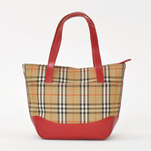 画像をギャラリービューアに読み込む, BURBERRY バーバリー ハンドバッグ ノバチェック キャンバス レザー レッド マルチカラー ゴールド金具 美品 中古 4a004895