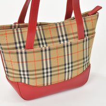 画像をギャラリービューアに読み込む, BURBERRY バーバリー ハンドバッグ ノバチェック キャンバス レザー レッド マルチカラー ゴールド金具 美品 中古 4a004895