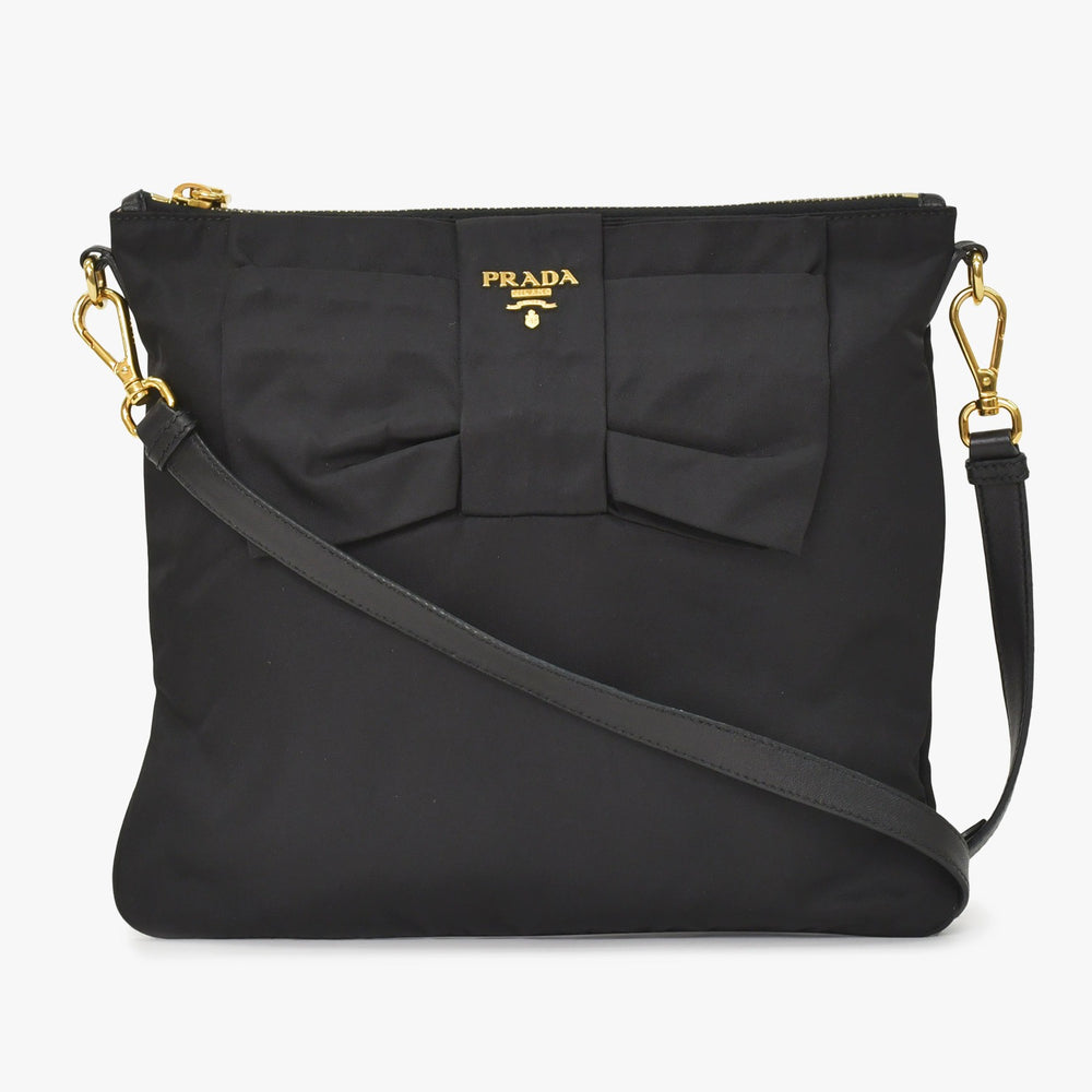 極美品 PRADA プラダ リボン ショルダーバッグ トライアングルロゴ BT0659 ナイロン ブラック ゴールド金具 中古 4a004898