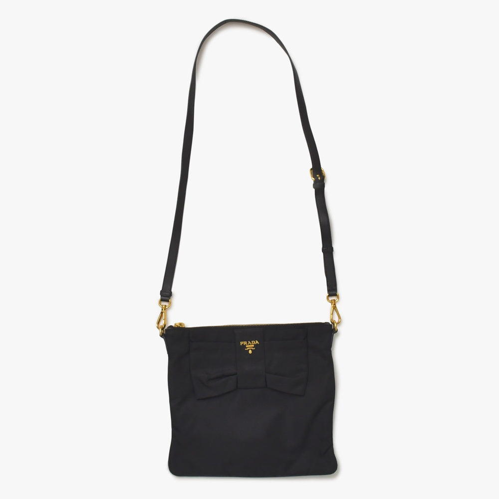 Very Good Condition PRADA Ribbon Shoulder Bag Triangle Logo BT0659 Nylon Black Gold Hardware Used 4a004898