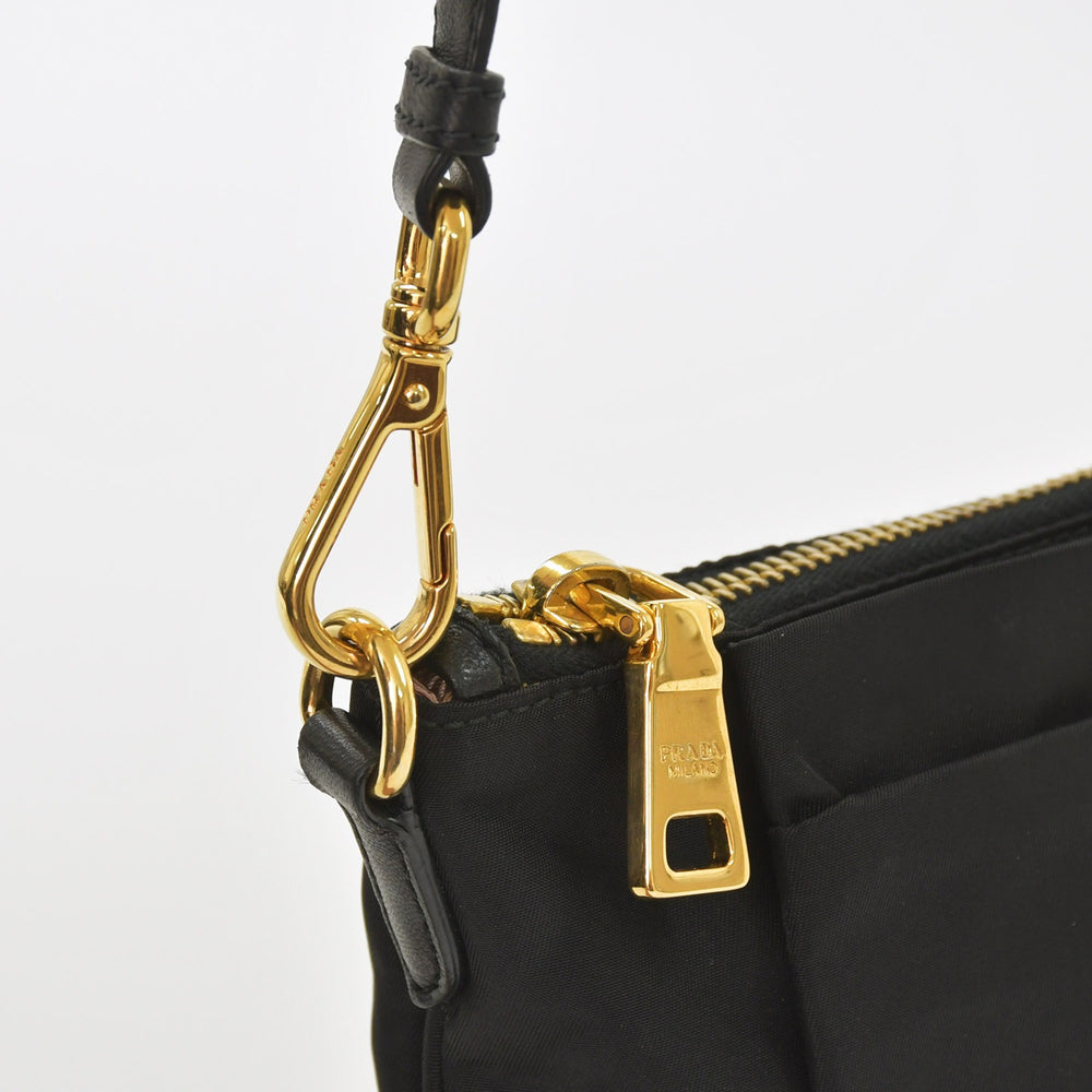 Very Good Condition PRADA Ribbon Shoulder Bag Triangle Logo BT0659 Nylon Black Gold Hardware Used 4a004898