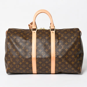 Very Good Condition LOUIS VUITTON Monogram Keepall 45 Boston Bag M41428 Monogram Canvas Tanned Leather Brown Gold Hardware Used 4a004900