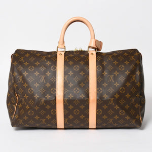 Very Good Condition LOUIS VUITTON Monogram Keepall 45 Boston Bag M41428 Monogram Canvas Tanned Leather Brown Gold Hardware Used 4a004900