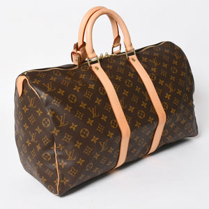 Very Good Condition LOUIS VUITTON Monogram Keepall 45 Boston Bag M41428 Monogram Canvas Tanned Leather Brown Gold Hardware Used 4a004900