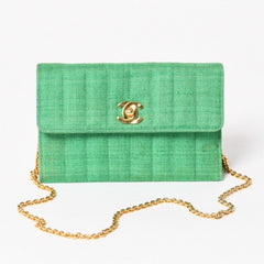 CHANEL シャネル キルティングリネン Sフラップ ミニフラップバッグ 2番台 グリーン ゴールド金具 美品 中古 4a004914