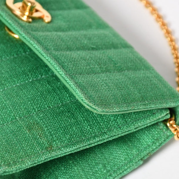 CHANEL シャネル キルティングリネン Sフラップ ミニフラップバッグ 2番台 グリーン ゴールド金具 美品 中古 4a004914
