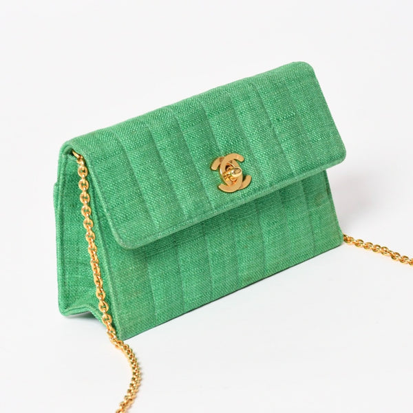 CHANEL シャネル キルティングリネン Sフラップ ミニフラップバッグ 2番台 グリーン ゴールド金具 美品 中古 4a004914