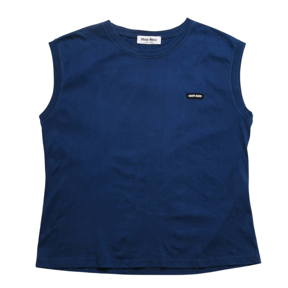 極美品 MIU MIU ミュウミュウ ノースリーブ ジャージ Tシャツ MJE15 ワッペンロゴ カットソー フレンチスリーブ インディゴブルー ネイビー レディース Mサイズ 中古 4a004940
