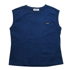 極美品 MIU MIU ミュウミュウ ノースリーブ ジャージ Tシャツ MJE15 ワッペンロゴ カットソー フレンチスリーブ インディゴブルー ネイビー レディース Mサイズ 中古 4a004940