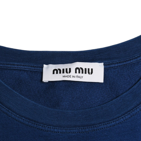 極美品 MIU MIU ミュウミュウ ノースリーブ ジャージ Tシャツ MJE15 ワッペンロゴ カットソー フレンチスリーブ インディゴブルー ネイビー レディース Mサイズ 中古 4a004940