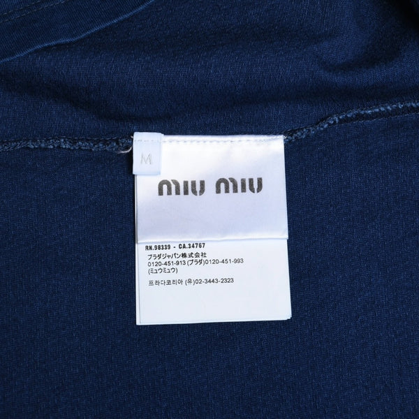 極美品 MIU MIU ミュウミュウ ノースリーブ ジャージ Tシャツ MJE15 ワッペンロゴ カットソー フレンチスリーブ インディゴブルー ネイビー レディース Mサイズ 中古 4a004940