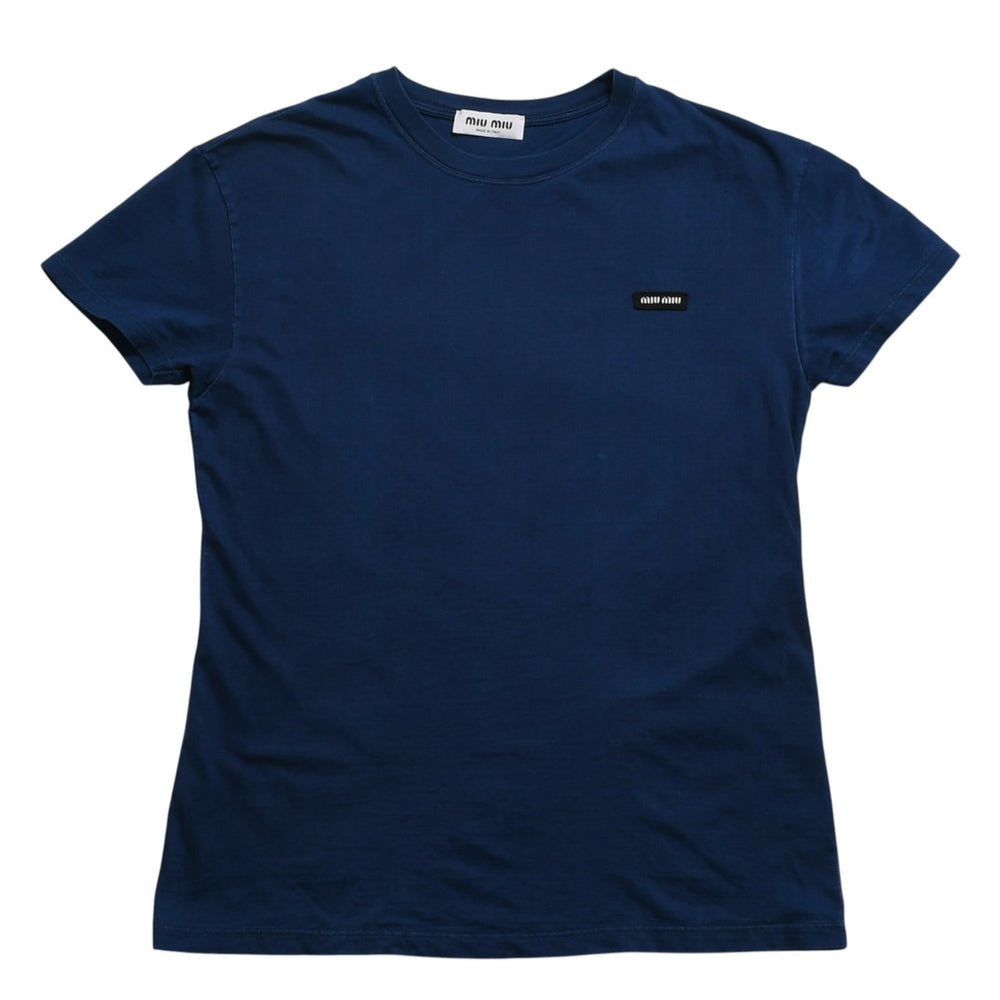 MIU MIU ミュウミュウ コットン ジャージーTシャツ MJE15 ワッペンロゴ カットソー 半袖Tシャツ インディゴブルー ネイビー Mサイズ 美品 中古 4a004938