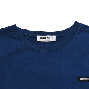 極美品 MIU MIU ミュウミュウ ノースリーブ ジャージ Tシャツ MJE15 ワッペンロゴ カットソー フレンチスリーブ インディゴブルー ネイビー レディース Mサイズ 中古 4a004940
