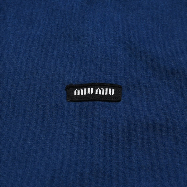 極美品 MIU MIU ミュウミュウ ノースリーブ ジャージ Tシャツ MJE15 ワッペンロゴ カットソー フレンチスリーブ インディゴブルー ネイビー レディース Mサイズ 中古 4a004940