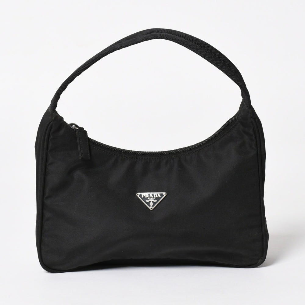 PRADA プラダ ポーチ ハンドバッグ MV515 ホーボー ミニバッグ 三角ロゴ ブラック シルバー金具 美品 中古 4a004675