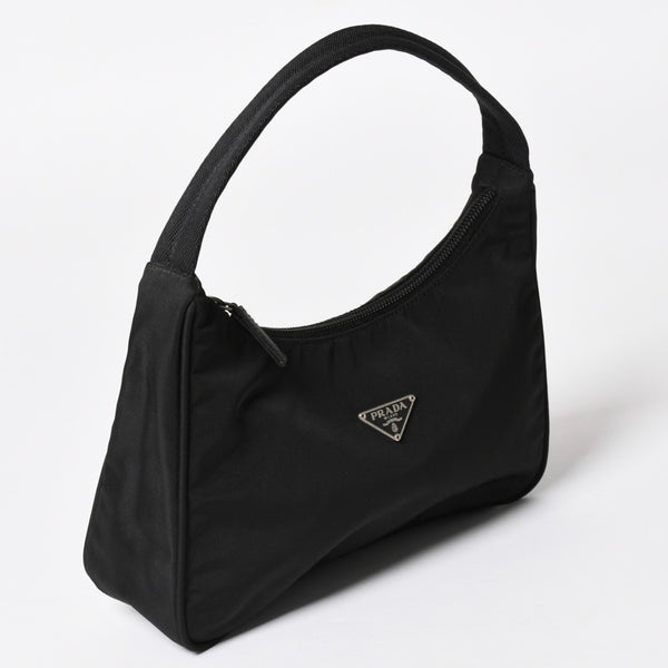 PRADA プラダ ポーチ ハンドバッグ MV515 ホーボー ミニバッグ 三角ロゴ ブラック シルバー金具 美品 中古 4a004675