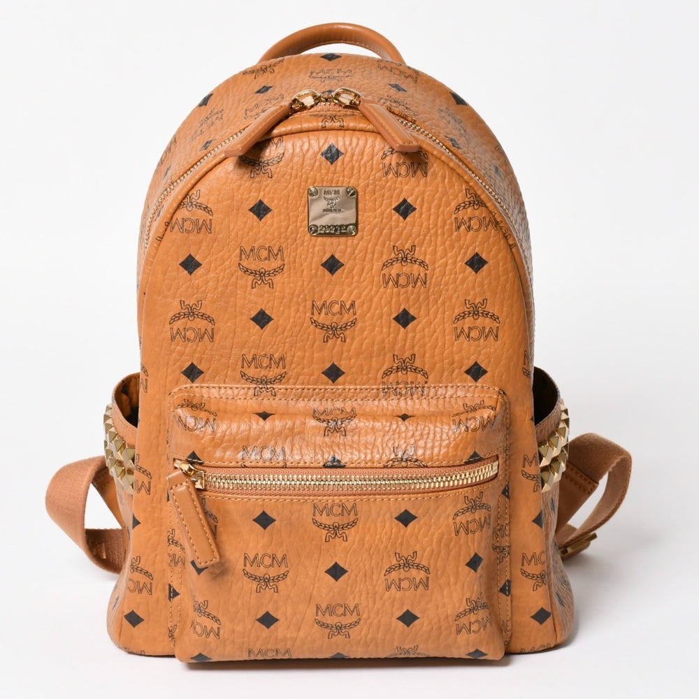 極美品 MCM エムシーエム ヴェセトス リュック デイパック バックパック スタッズ レザー ブラウン ゴールド金具 中古 4a004966