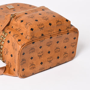 極美品 MCM エムシーエム ヴェセトス リュック デイパック バックパック スタッズ レザー ブラウン ゴールド金具 中古 4a004966