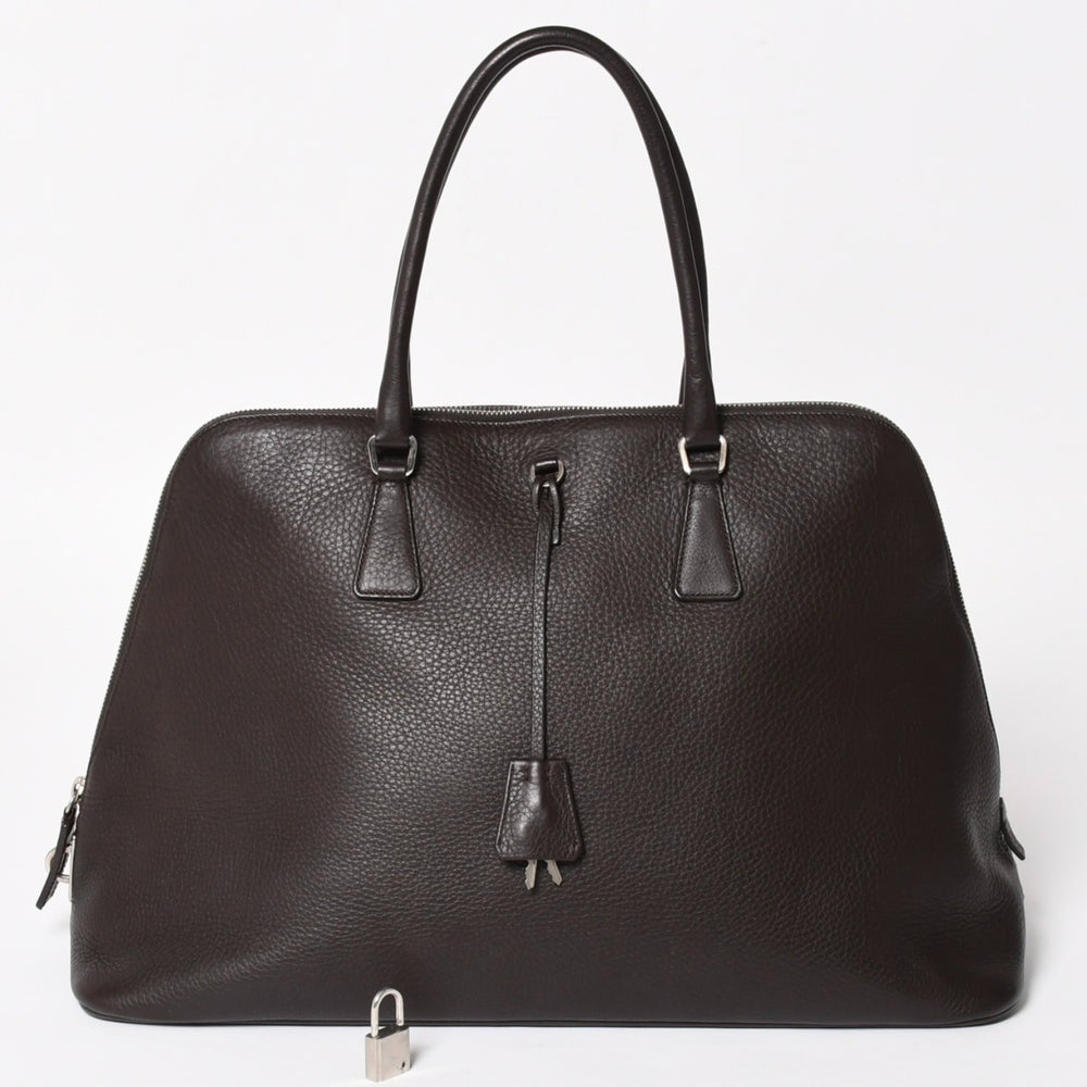 PRADA プラダ トートバッグ ハンドバッグ ダークブラウン ブラウン 三角ロゴプレート シルバー金具 美品 中古 4a004982