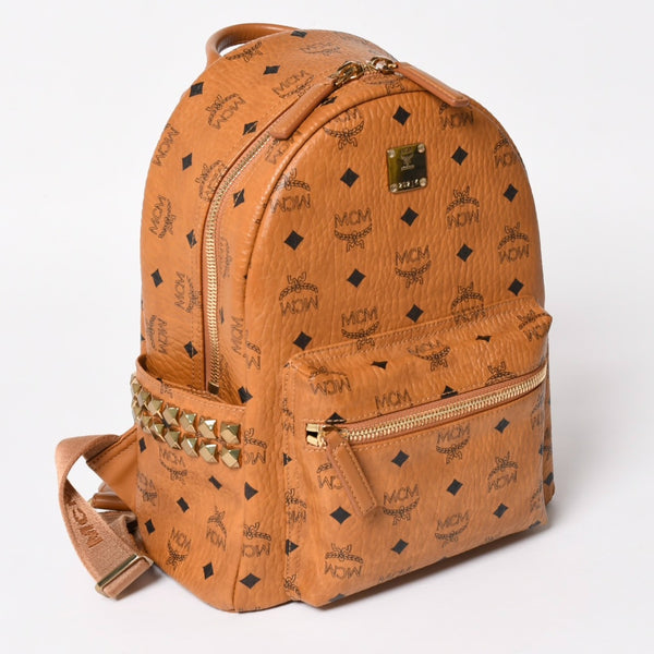 極美品 MCM エムシーエム ヴェセトス リュック デイパック バックパック スタッズ レザー ブラウン ゴールド金具 中古 4a004966