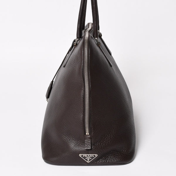 PRADA プラダ トートバッグ ハンドバッグ ダークブラウン ブラウン 三角ロゴプレート シルバー金具 美品 中古 4a004982