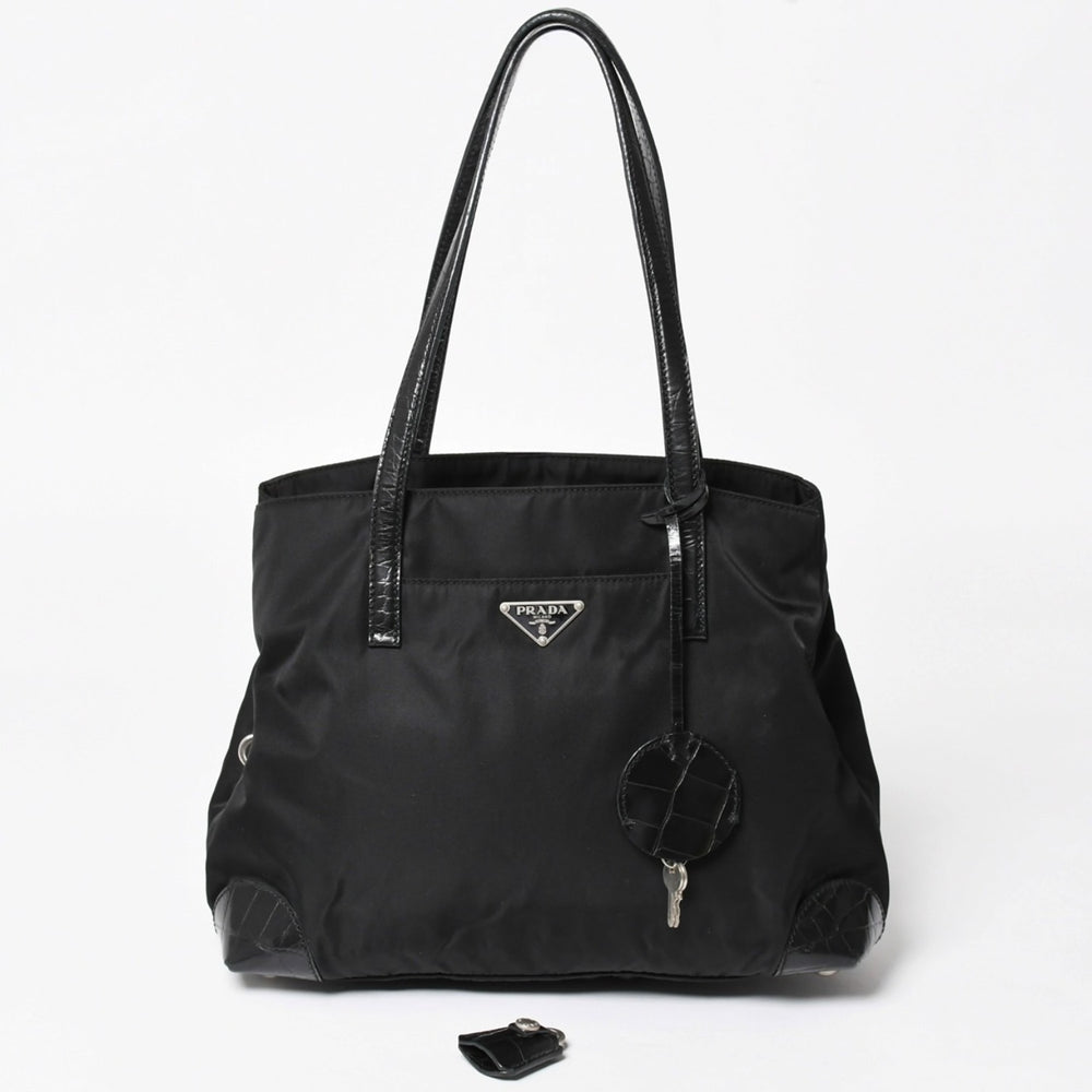 PRADA プラダ トートバッグ ハンドバッグ クロコ型押し イタリア製 ナイロン レザー ブラック シルバー金具 美品 中古 4a004981