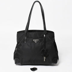 PRADA プラダ トートバッグ ハンドバッグ クロコ型押し イタリア製 ナイロン レザー ブラック シルバー金具 美品 中古 4a004981