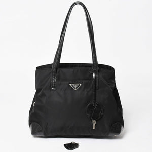 PRADA プラダ トートバッグ ハンドバッグ クロコ型押し イタリア製 ナイロン レザー ブラック シルバー金具 美品 中古 4a004981