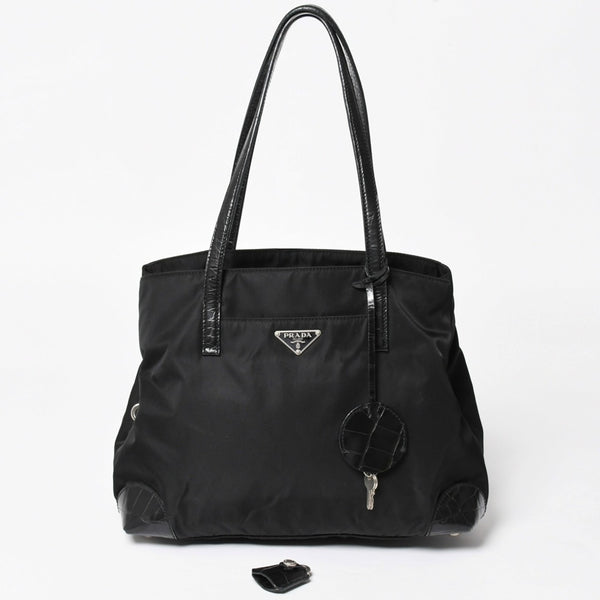 PRADA プラダ トートバッグ ハンドバッグ クロコ型押し イタリア製 ナイロン レザー ブラック シルバー金具 美品 中古 4a004981