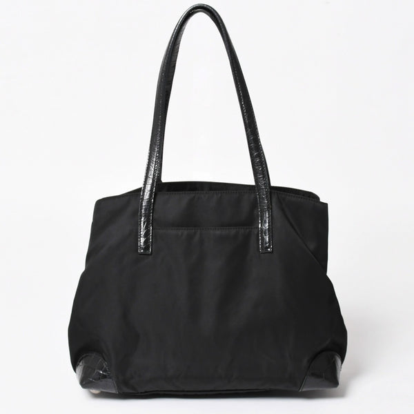 PRADA プラダ トートバッグ ハンドバッグ クロコ型押し イタリア製 ナイロン レザー ブラック シルバー金具 美品 中古 4a004981