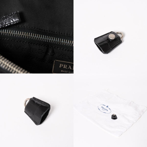 PRADA プラダ トートバッグ ハンドバッグ クロコ型押し イタリア製 ナイロン レザー ブラック シルバー金具 美品 中古 4a004981