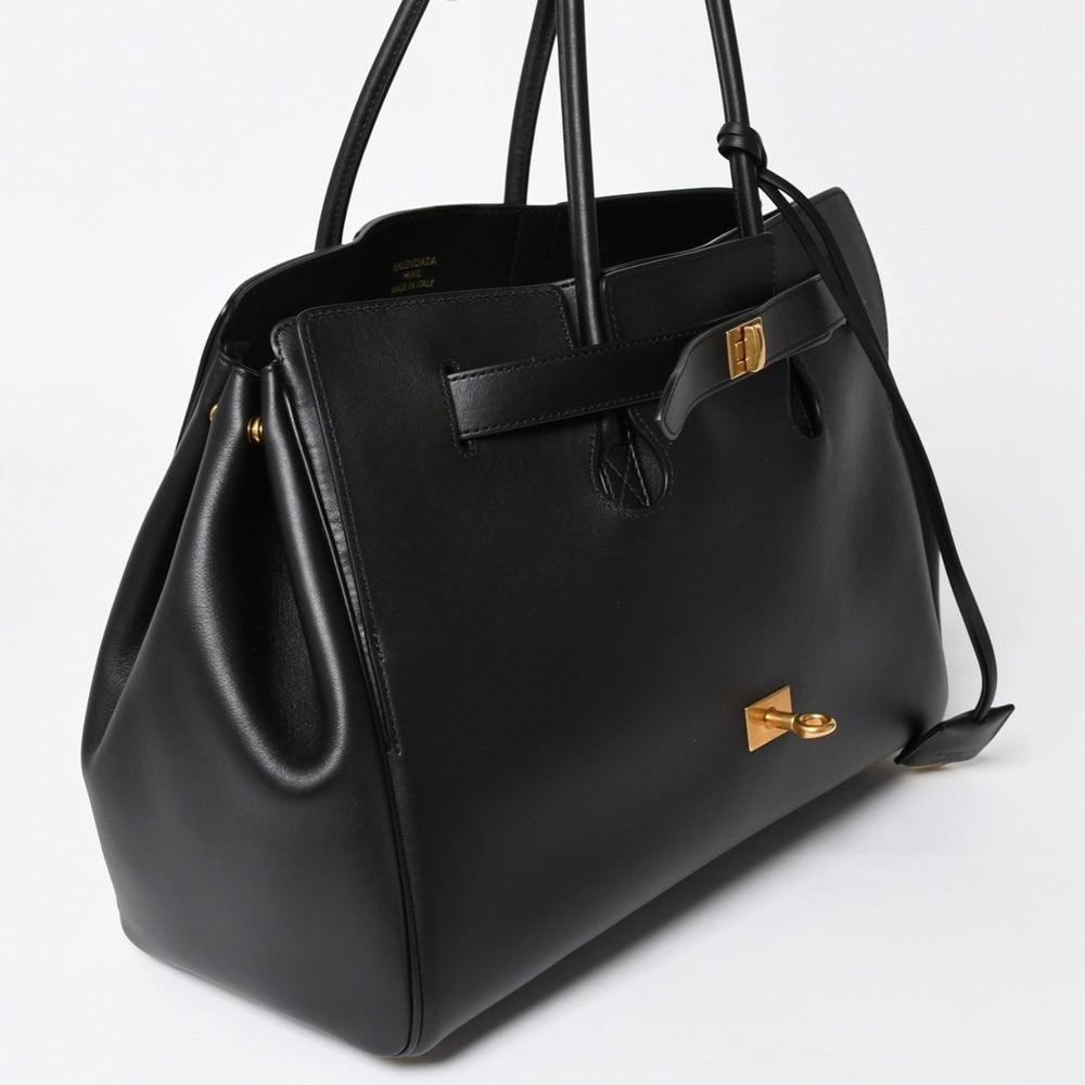 極美品 BALENCIAGA バレンシアガ Bel Air ベルエア― キャリーオールバッグ ミディアム スムースレザー ブラック ゴールド金具 中古 4a004797