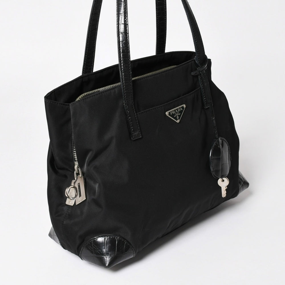 PRADA Prada tote bag handbag croco embossed made in Italy nylon leather black silver hardware mint condition used 4a004981