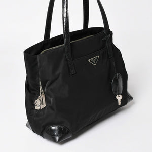PRADA プラダ トートバッグ ハンドバッグ クロコ型押し イタリア製 ナイロン レザー ブラック シルバー金具 美品 中古 4a004981