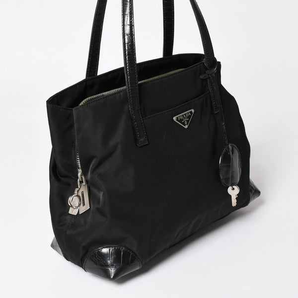 PRADA プラダ トートバッグ ハンドバッグ クロコ型押し イタリア製 ナイロン レザー ブラック シルバー金具 美品 中古 4a004981