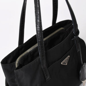 PRADA プラダ トートバッグ ハンドバッグ クロコ型押し イタリア製 ナイロン レザー ブラック シルバー金具 美品 中古 4a004981