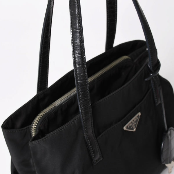 PRADA プラダ トートバッグ ハンドバッグ クロコ型押し イタリア製 ナイロン レザー ブラック シルバー金具 美品 中古 4a004981