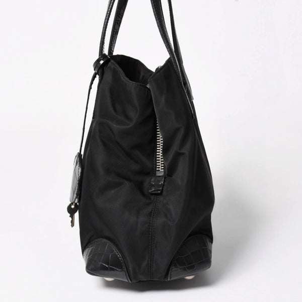 PRADA プラダ トートバッグ ハンドバッグ クロコ型押し イタリア製 ナイロン レザー ブラック シルバー金具 美品 中古 4a004981