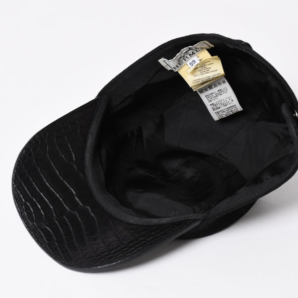 HERMES エルメス キャップ Black ブラック Cashmere カシミヤ レザー サイズ59 シルバー金具 美品 中古 4a004817