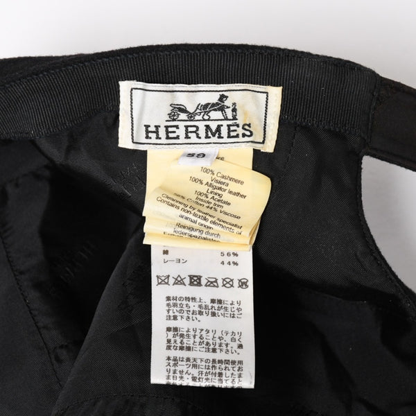 HERMES エルメス キャップ Black ブラック Cashmere カシミヤ レザー サイズ59 シルバー金具 美品 中古 4a004817