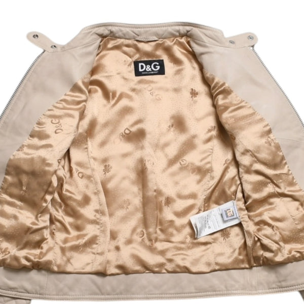 DOLCE&GABBANA ドルチェアンドガッバーナ キルティング ラムレザー ライダースジャケット SB0067 ラムスキン エポレット ベージュ 美品 中古 4a004808