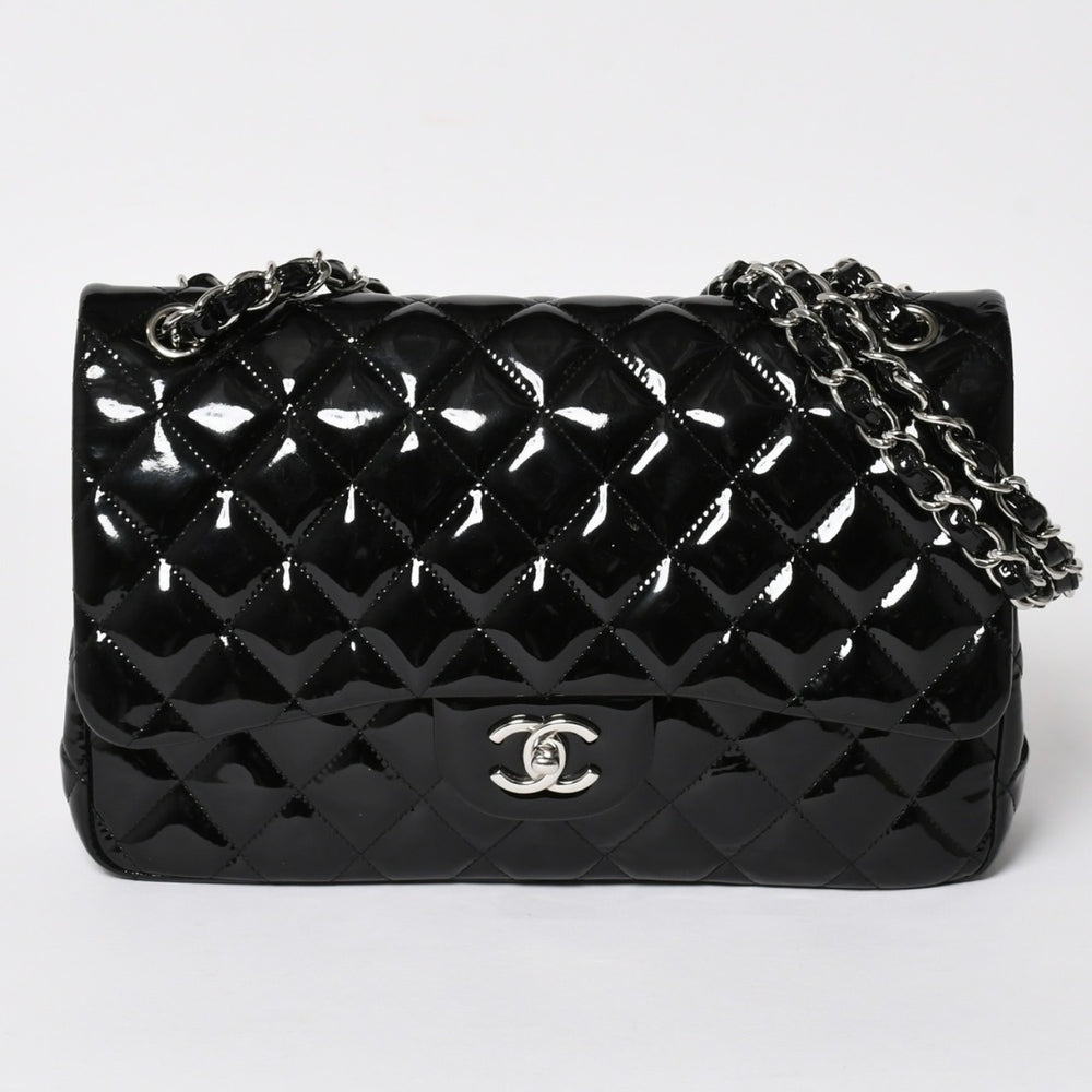 極美品 CHANEL シャネル デカマトラッセ30 Wフラップ Wチェーンショルダーバッグ 15番台 ココマーク パテントレザー SV金具 中古 4a004962