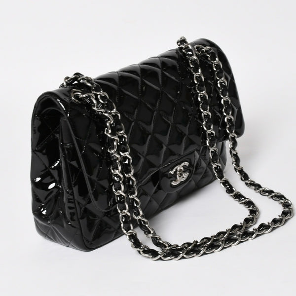 極美品 CHANEL シャネル デカマトラッセ30 Wフラップ Wチェーンショルダーバッグ 15番台 ココマーク パテントレザー SV金具 中古 4a004962