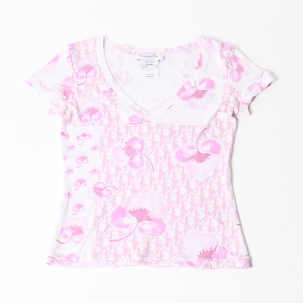 Christian Dior V-neck short sleeve T-shirt 5P16155953 Size 38 Trotter pattern All over pattern Pink Galliano period Good condition Used 4a004999