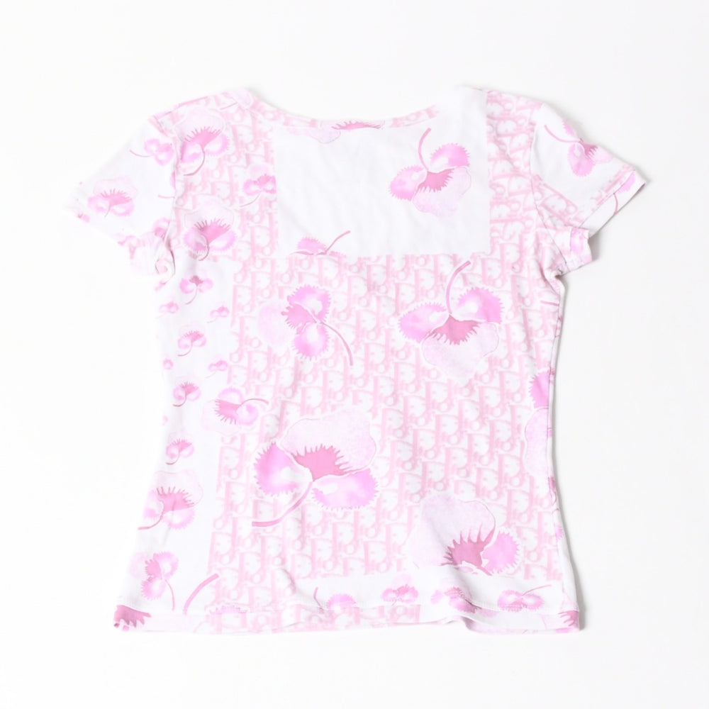 Christian Dior クリスチャンディオール Vネック 半袖Tシャツ 5P16155953 サイズ38 トロッター柄 総柄 ピンク ガリアーノ期 美品 中古 4a004999
